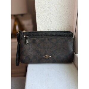 Coach C5576 Double Zip Wallet Wristlet in Walnut, Black and Gold